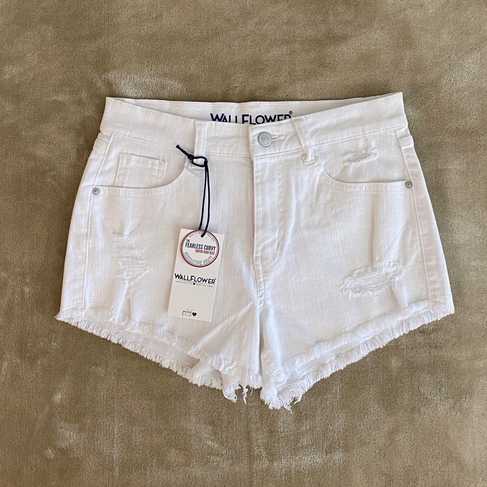 White Denim Shorts, Frayed, Stretchy, Size 3 Juniors